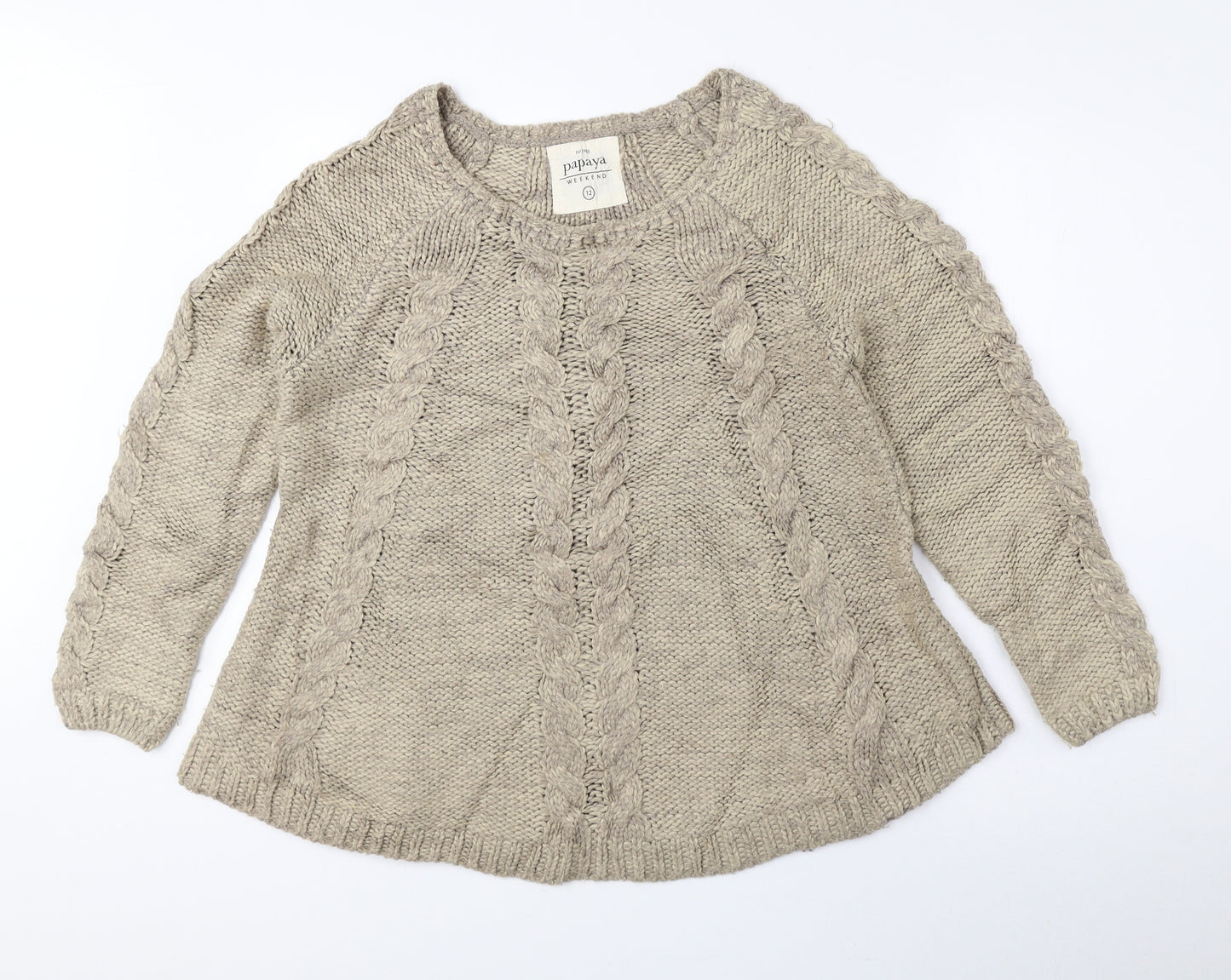 Papaya Womens Beige Round Neck Acrylic Pullover Jumper Size 12