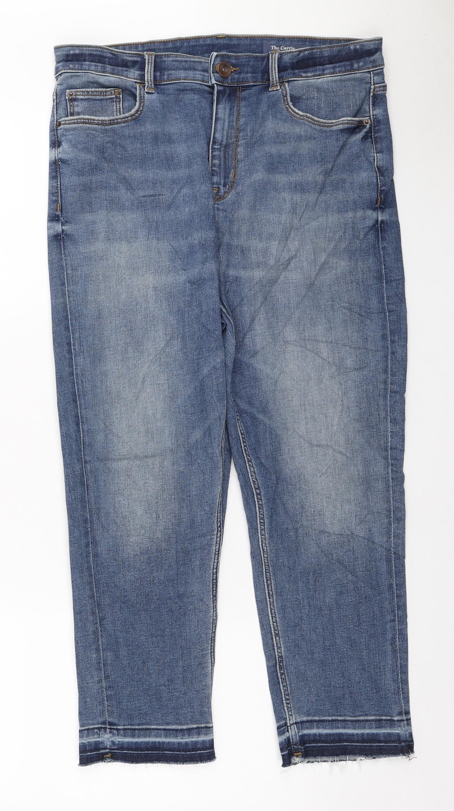 Marks and Spencer Womens Blue Polyester Cropped Jeans Size 14 L22 in Regular Zip - Distressed hem