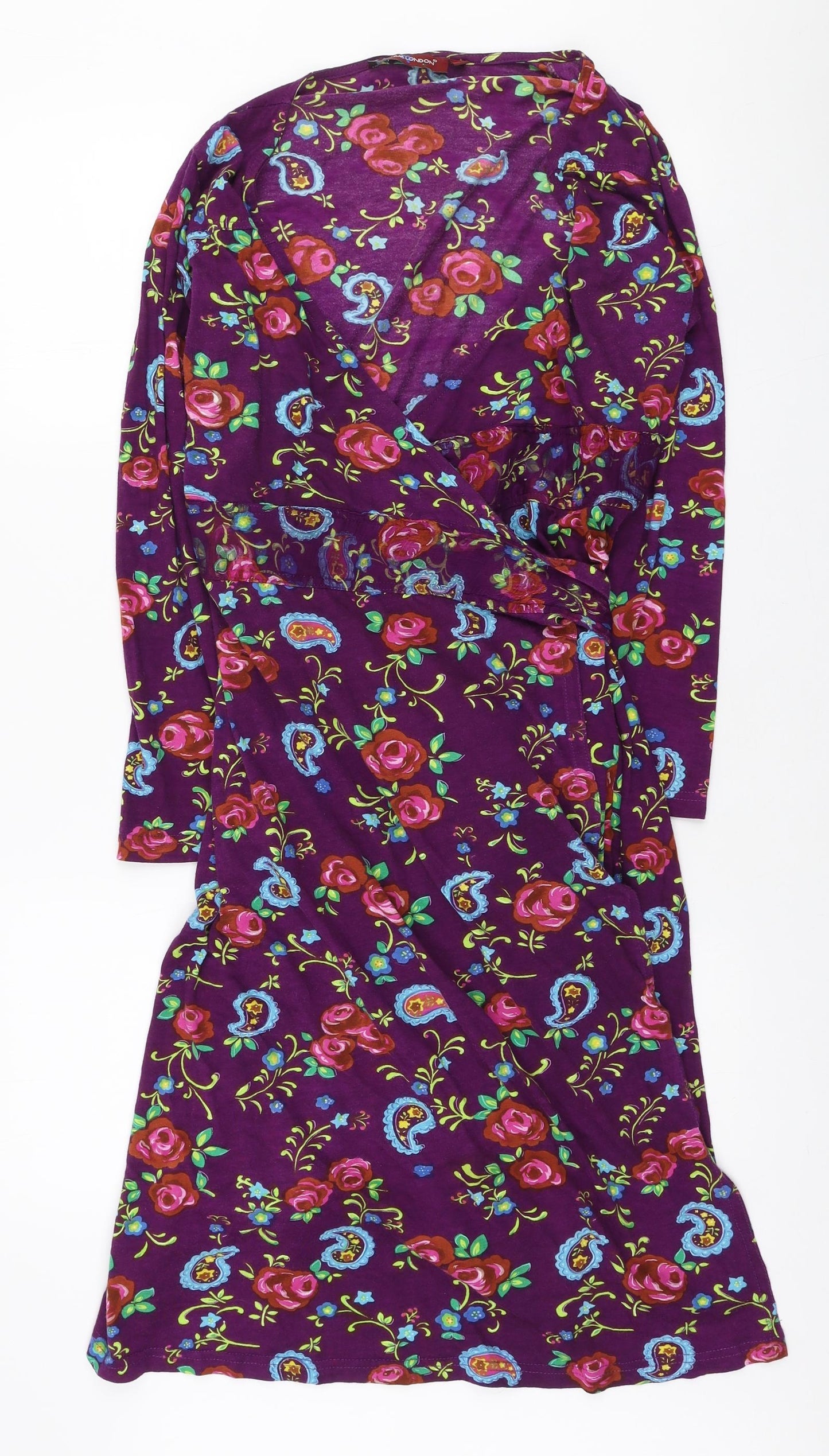 Uttam London Womens Purple Floral Viscose Wrap Dress Size M V-Neck Tie