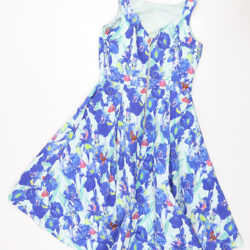 befree Fashion Womens Blue Floral Polyester Skater Dress Size S V-Neck Zip