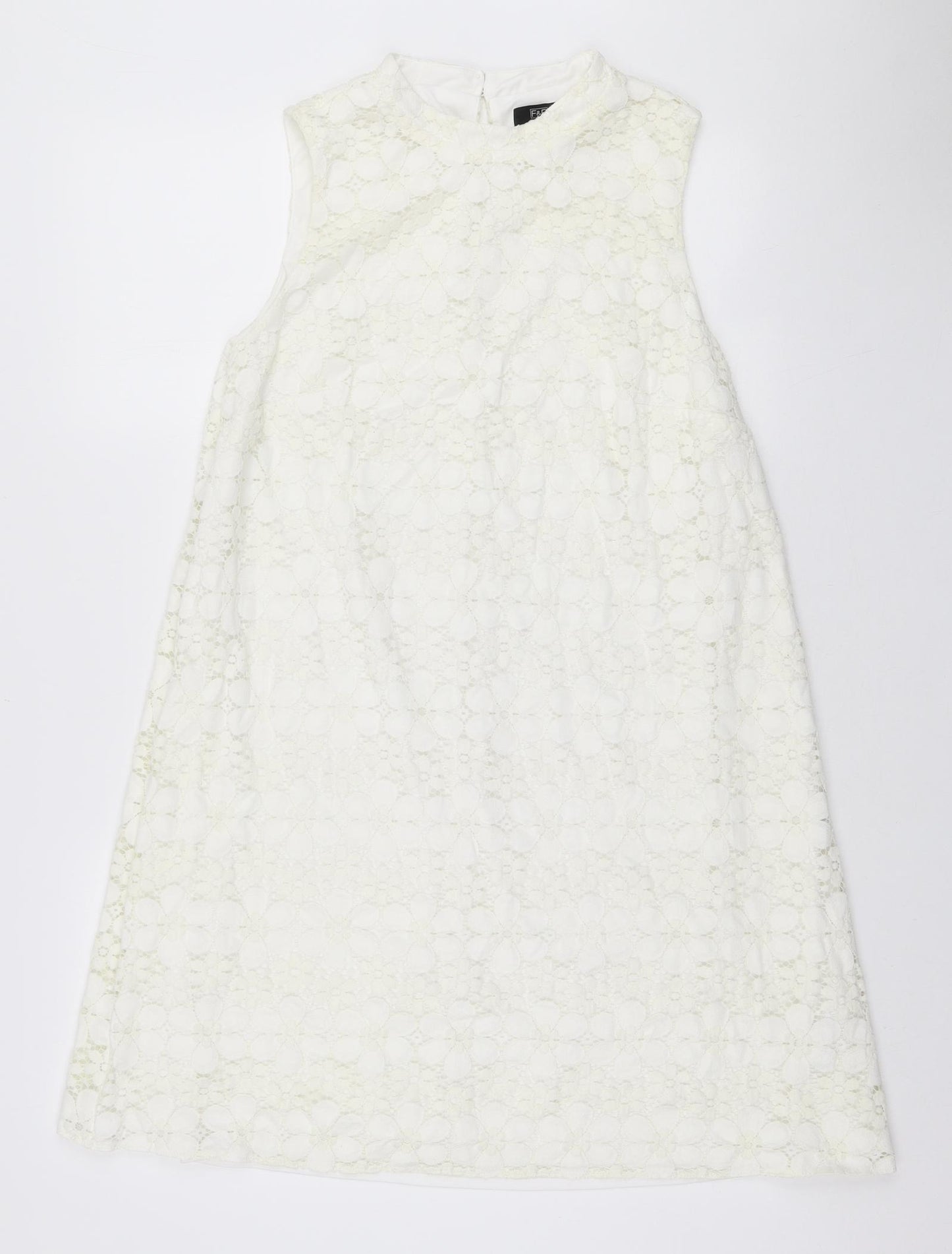 F&F Womens White Floral Nylon A-Line Size 18 Round Neck Button