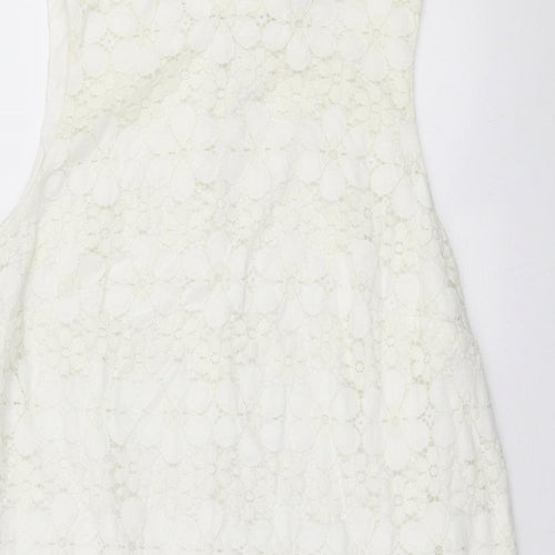 F&F Womens White Floral Nylon A-Line Size 18 Round Neck Button