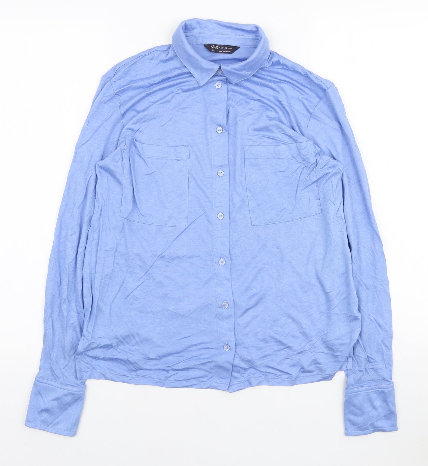 Marks and Spencer Womens Blue Viscose Basic Button-Up Size 8 Collared