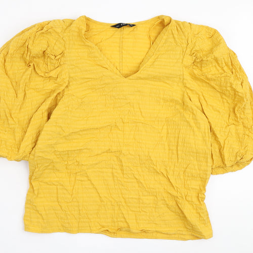 F&F Womens Yellow Cotton Basic Blouse Size 14 V-Neck