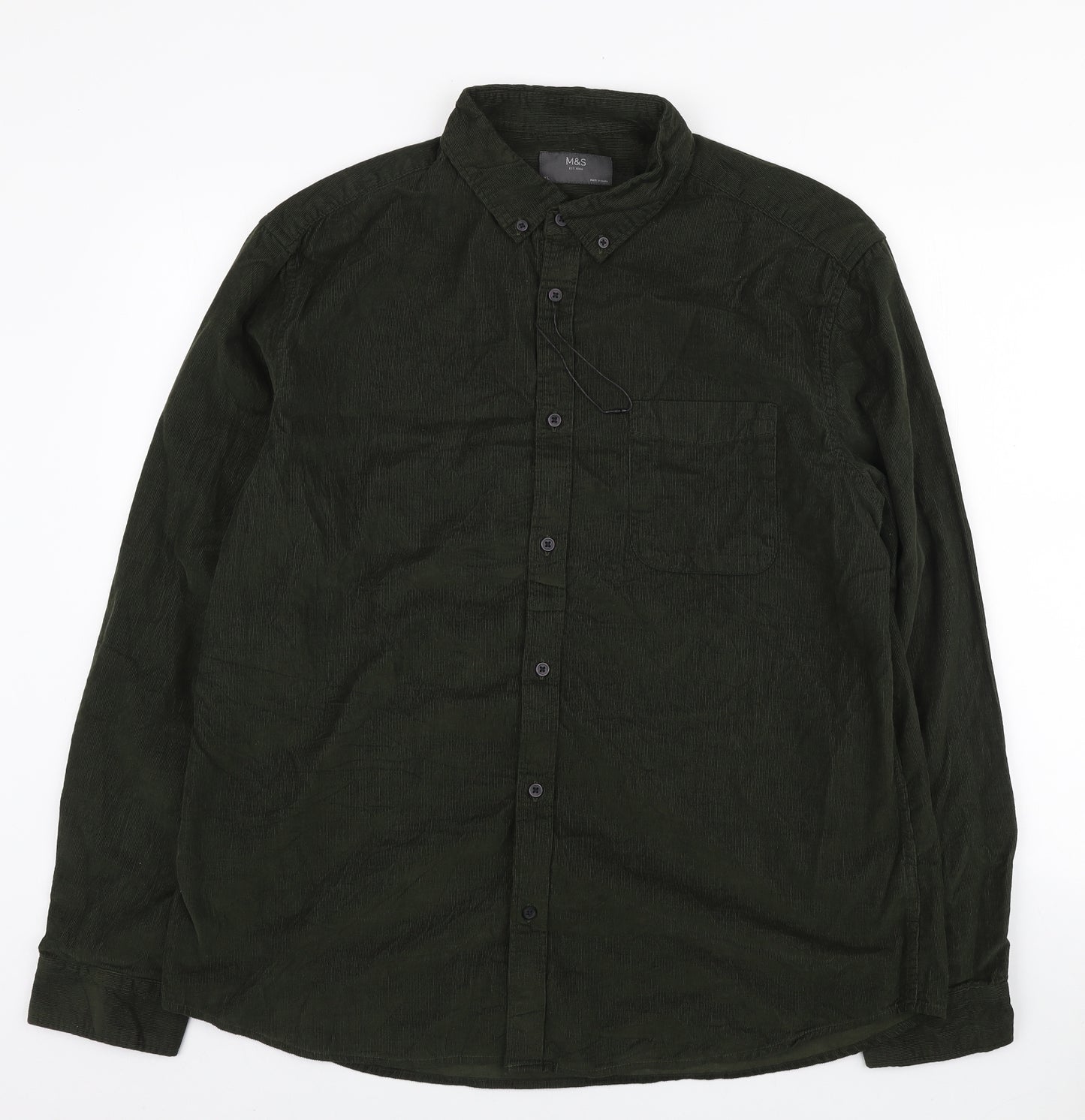 Marks and Spencer Mens Green Cotton Button-Up Size XL Collared Button