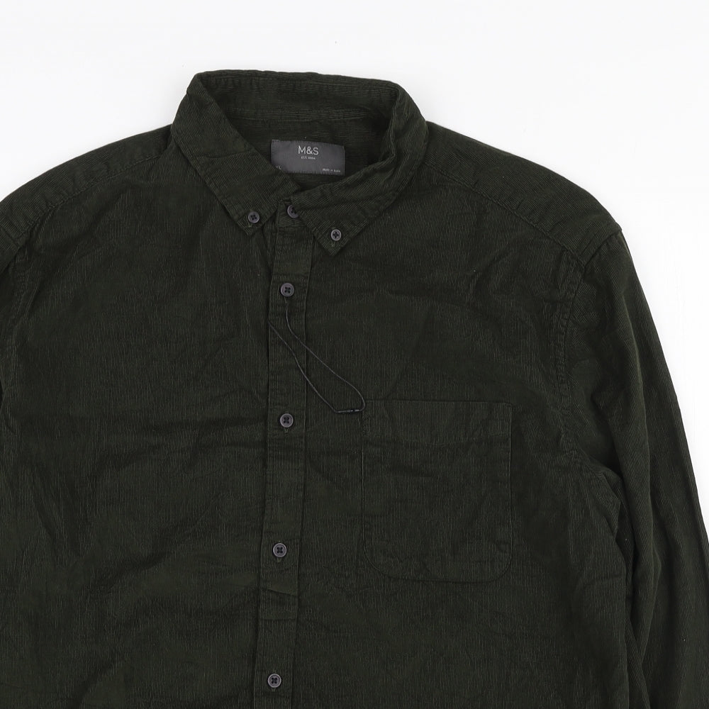 Marks and Spencer Mens Green Cotton Button-Up Size XL Collared Button