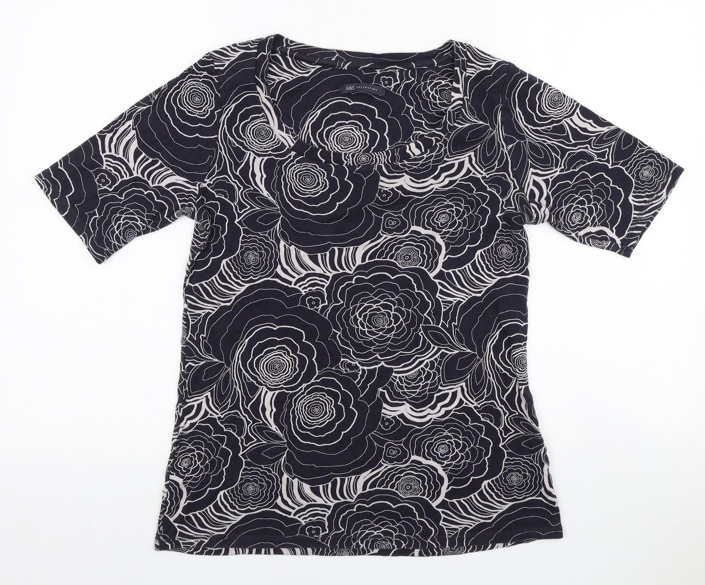 Marks and Spencer Womens Blue Floral Cotton Basic T-Shirt Size 14 Scoop Neck