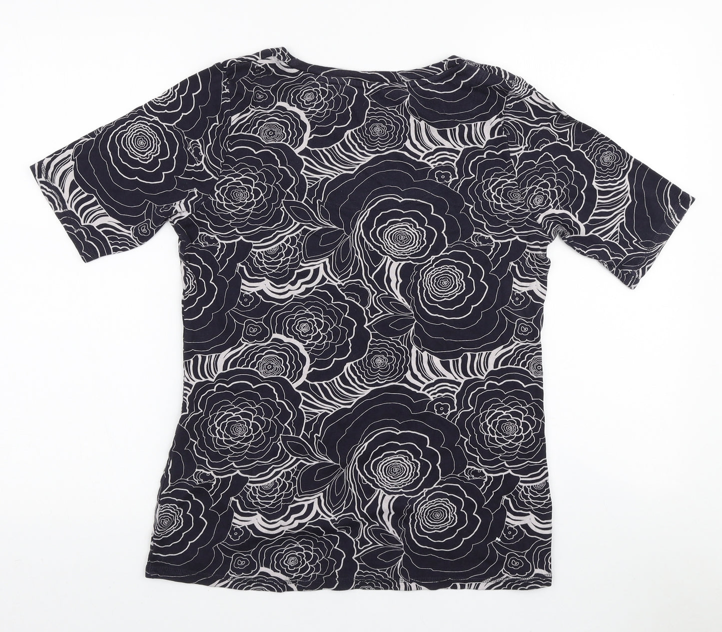 Marks and Spencer Womens Blue Floral Cotton Basic T-Shirt Size 14 Scoop Neck