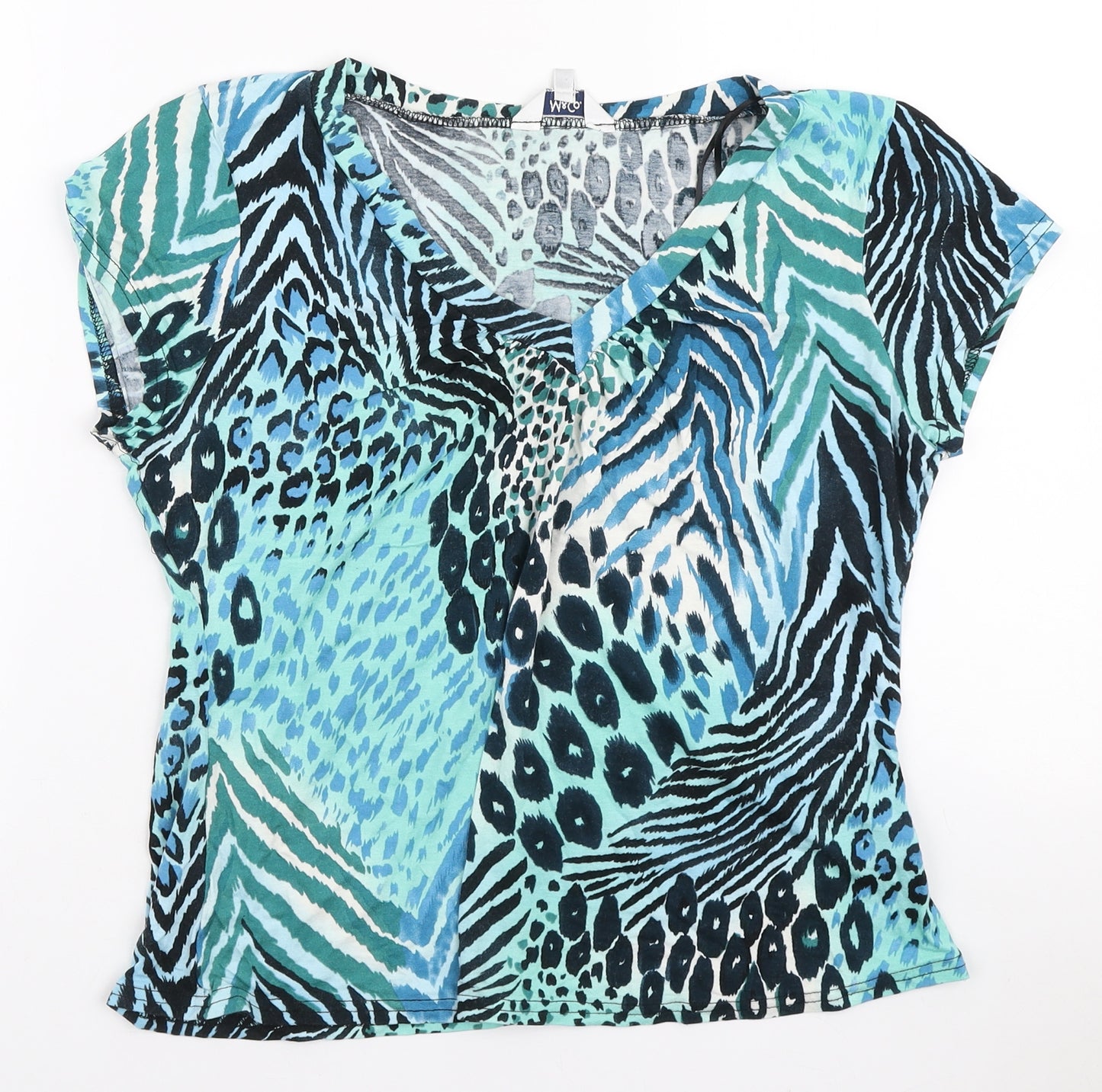 M&Co Womens Blue Animal Print Viscose Basic T-Shirt Size 16 V-Neck