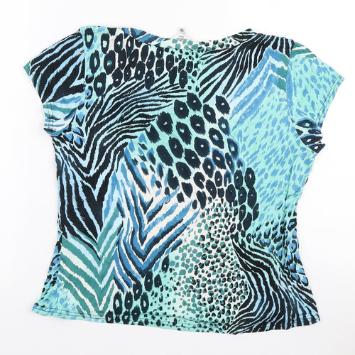 M&Co Womens Blue Animal Print Viscose Basic T-Shirt Size 16 V-Neck