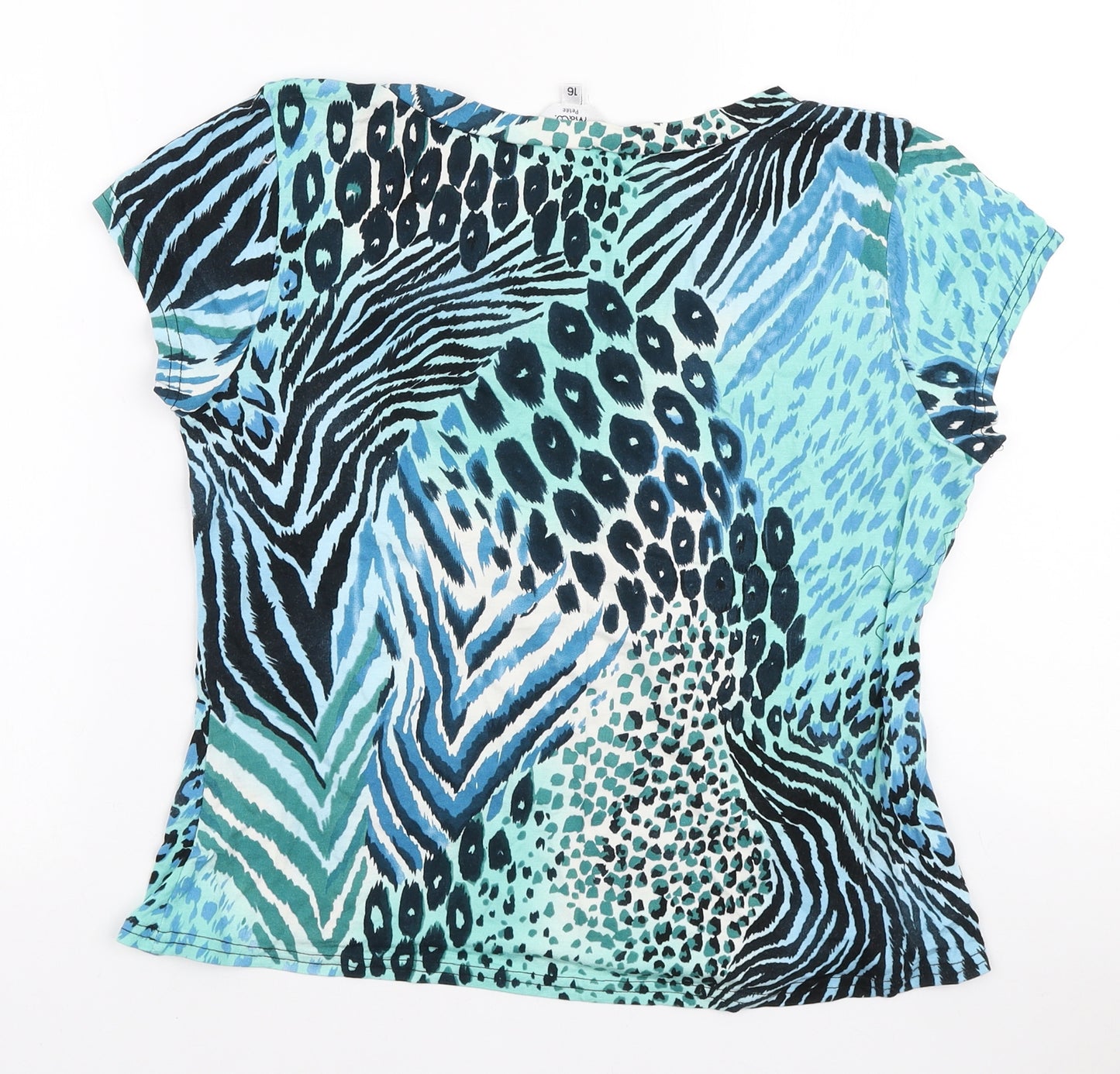M&Co Womens Blue Animal Print Viscose Basic T-Shirt Size 16 V-Neck