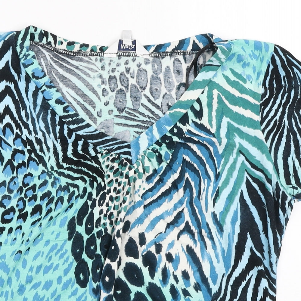 M&Co Womens Blue Animal Print Viscose Basic T-Shirt Size 16 V-Neck