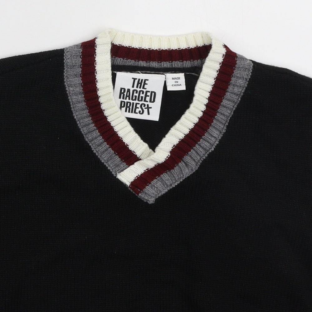The Ragged Priest Womens Black V-Neck Acrylic Pullover Jumper Size L - Cropped Jumper