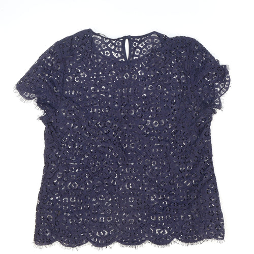 Marks and Spencer Womens Blue Geometric Cotton Basic Blouse Size 12 Round Neck - See-through. Lace