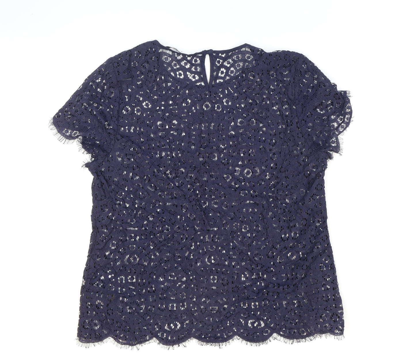 Marks and Spencer Womens Blue Geometric Cotton Basic Blouse Size 12 Round Neck - See-through. Lace