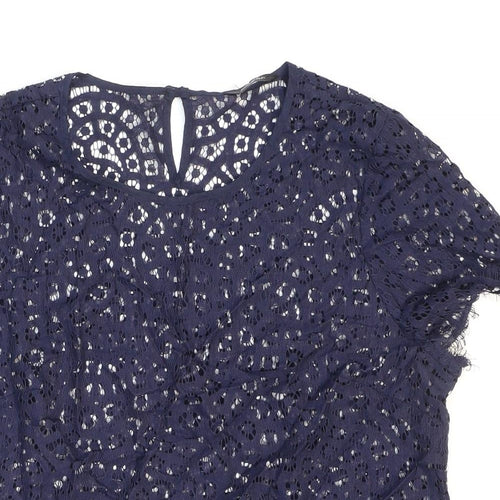 Marks and Spencer Womens Blue Geometric Cotton Basic Blouse Size 12 Round Neck - See-through. Lace