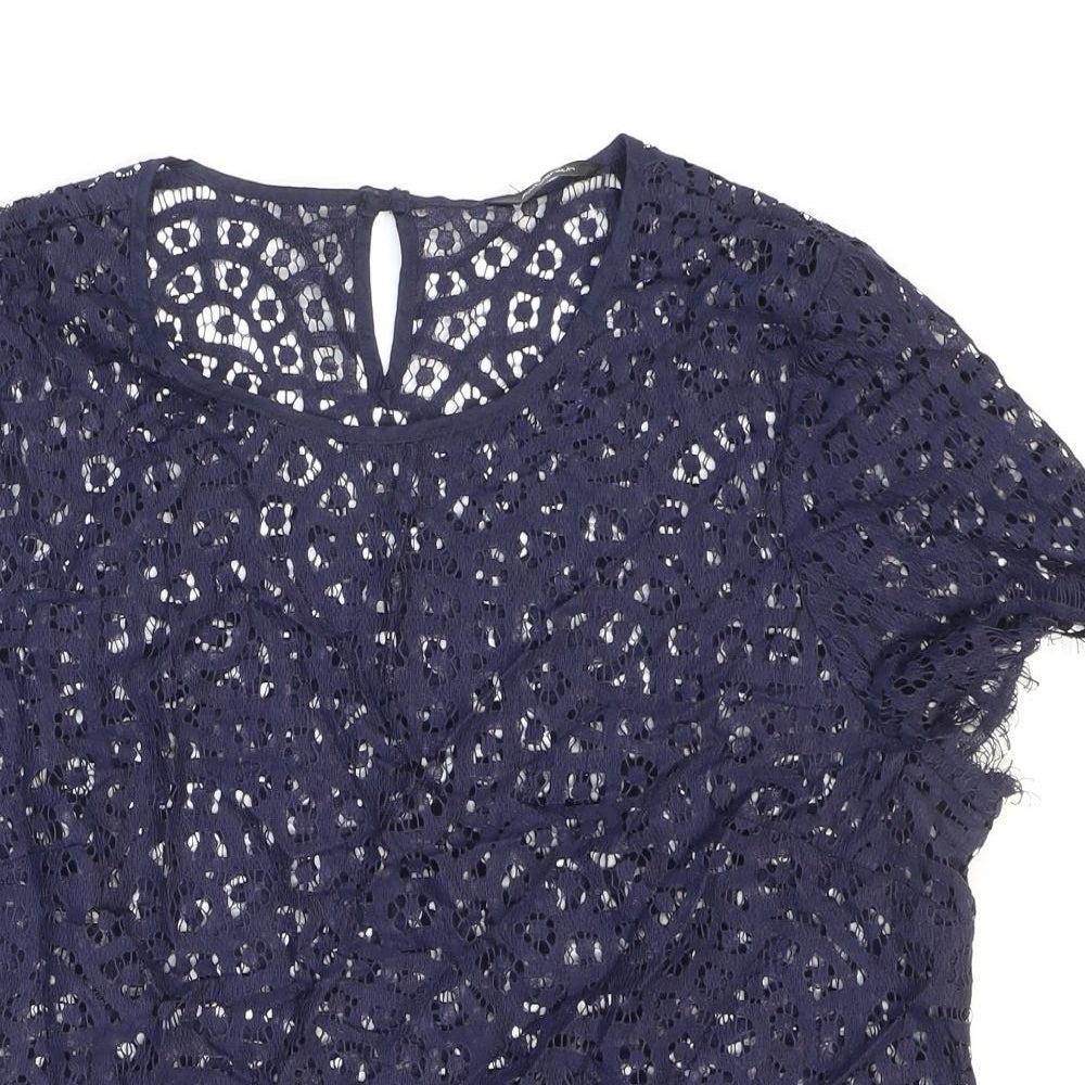 Marks and Spencer Womens Blue Geometric Cotton Basic Blouse Size 12 Round Neck - See-through. Lace