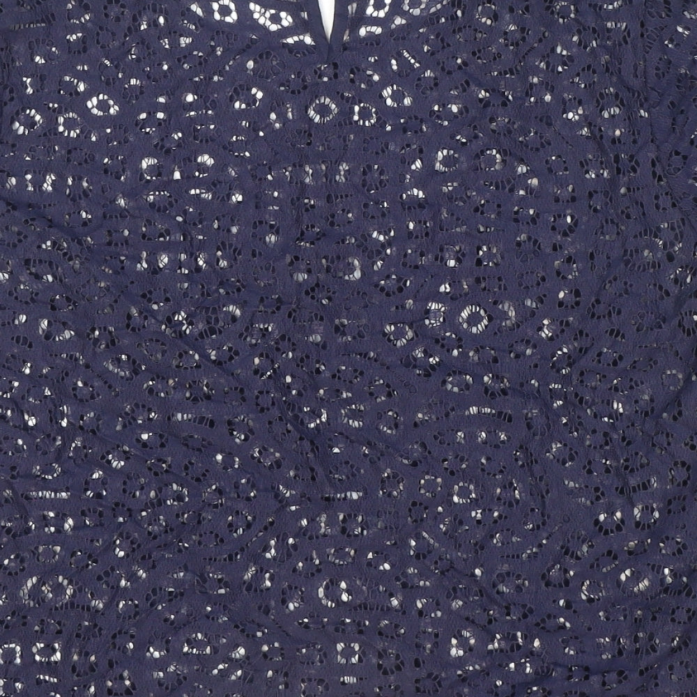 Marks and Spencer Womens Blue Geometric Cotton Basic Blouse Size 12 Round Neck - See-through. Lace
