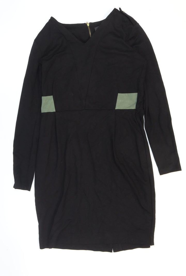 Limited Collection Womens Black Viscose Pencil Dress Size 14 V-Neck Zip - Slit.