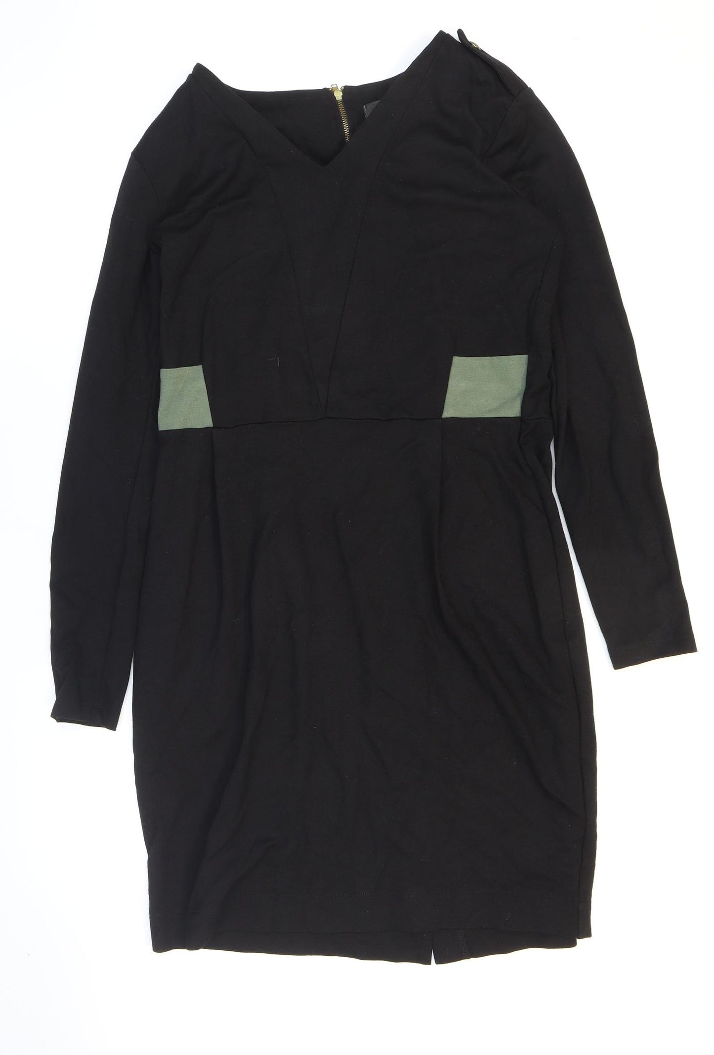 Limited Collection Womens Black Viscose Pencil Dress Size 14 V-Neck Zip - Slit.