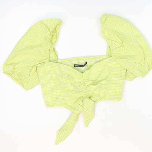 Zara Womens Green Check Cotton Cropped Blouse Size 6 Sweetheart - Ruched Tie Front