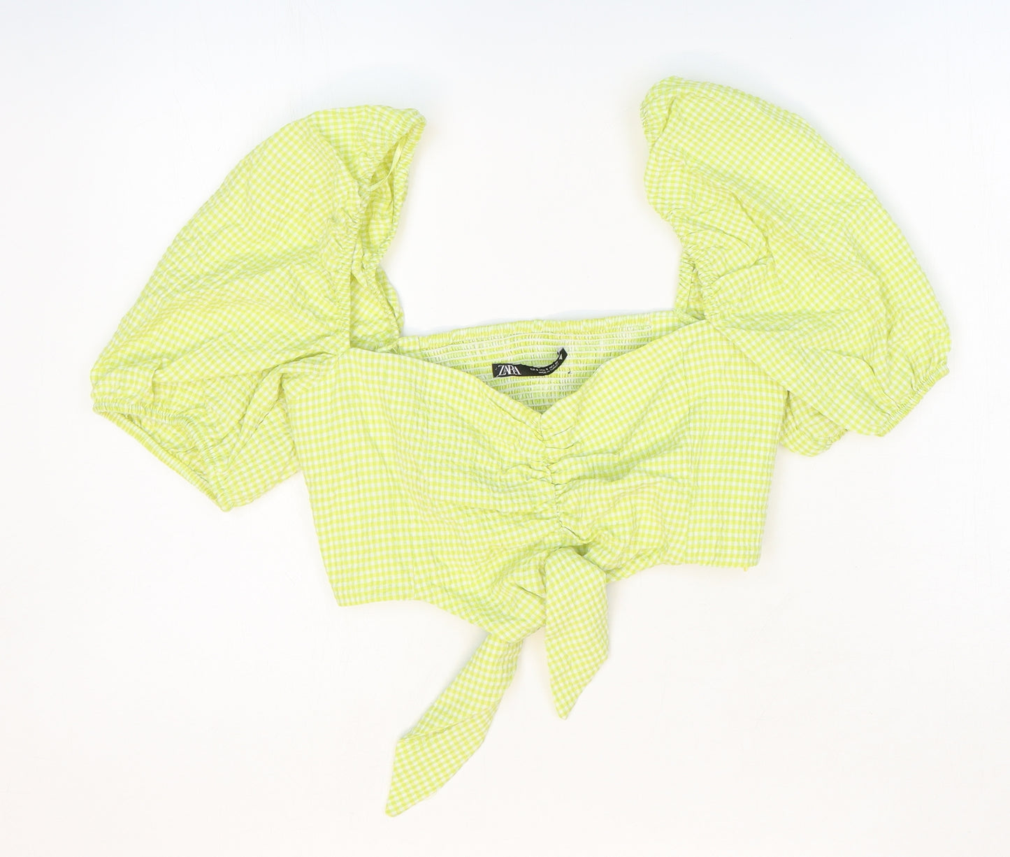 Zara Womens Green Check Cotton Cropped Blouse Size 6 Sweetheart - Ruched Tie Front