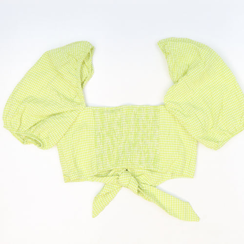 Zara Womens Green Check Cotton Cropped Blouse Size 6 Sweetheart - Ruched Tie Front
