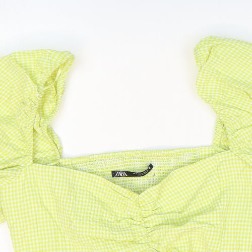 Zara Womens Green Check Cotton Cropped Blouse Size 6 Sweetheart - Ruched Tie Front