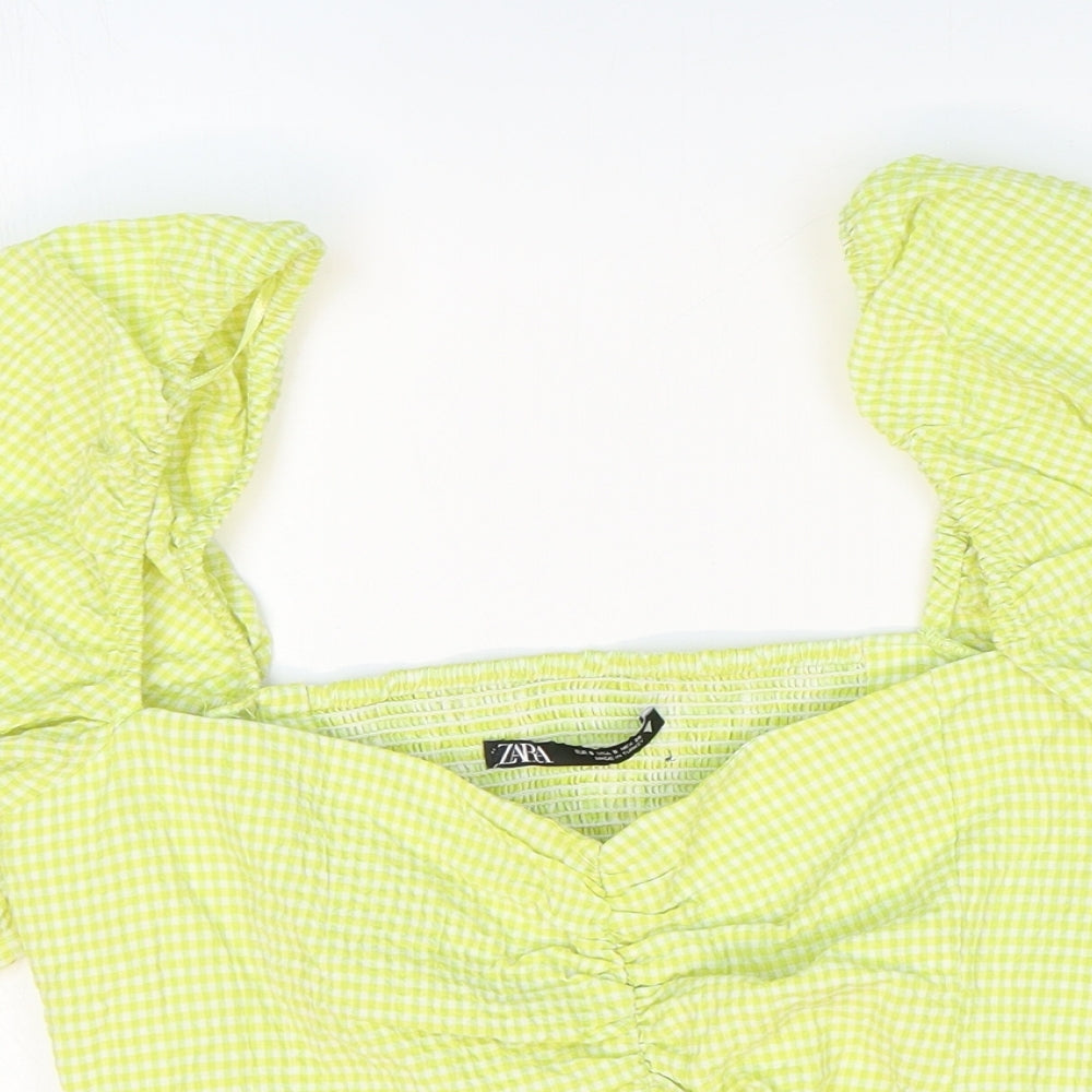 Zara Womens Green Check Cotton Cropped Blouse Size 6 Sweetheart - Ruched Tie Front