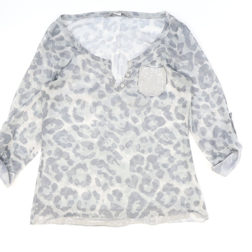 Ashley Brooke Womens Grey Animal Print Polyester Basic Blouse Size 8 V-Neck - Leopard Print