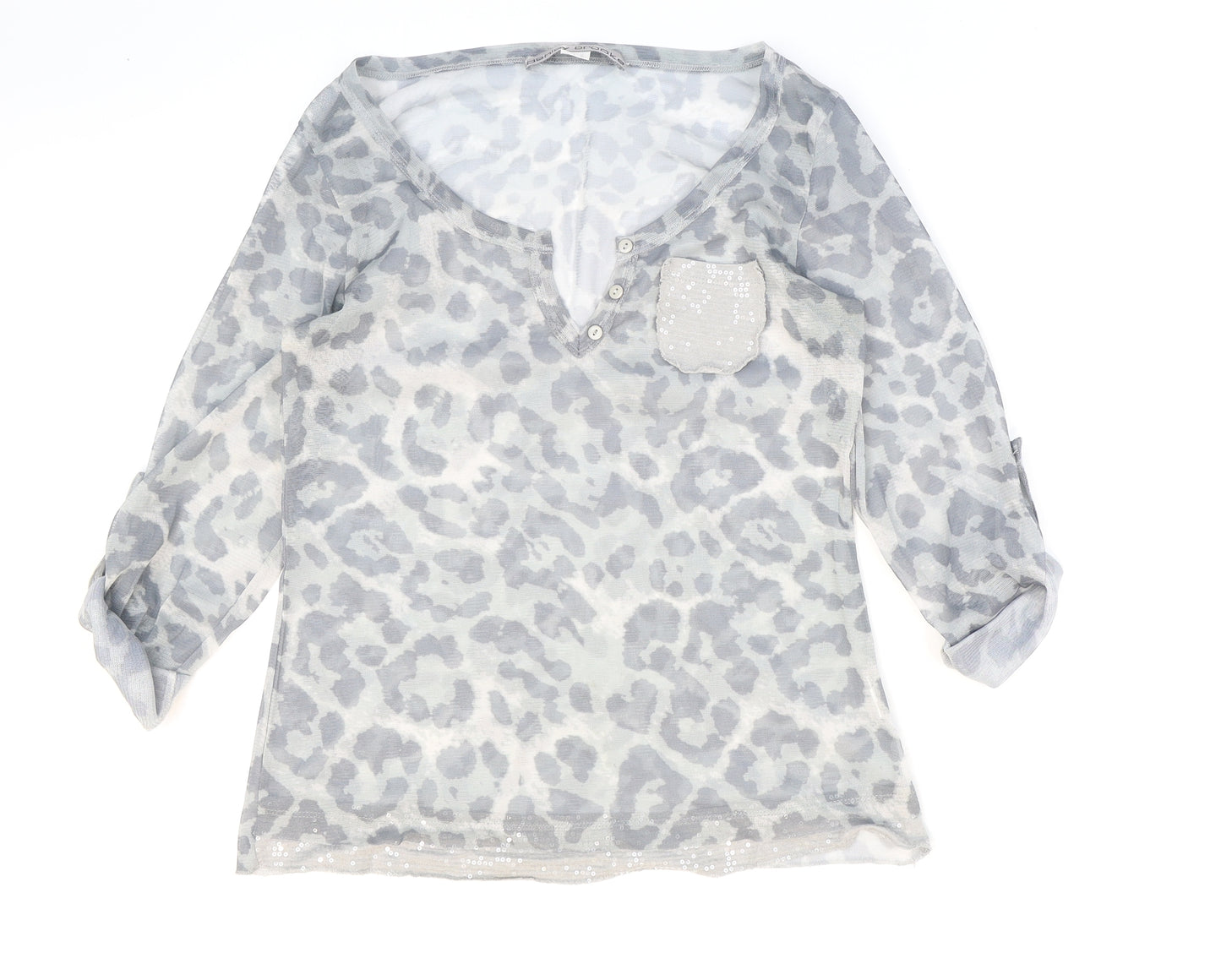 Ashley Brooke Womens Grey Animal Print Polyester Basic Blouse Size 8 V-Neck - Leopard Print