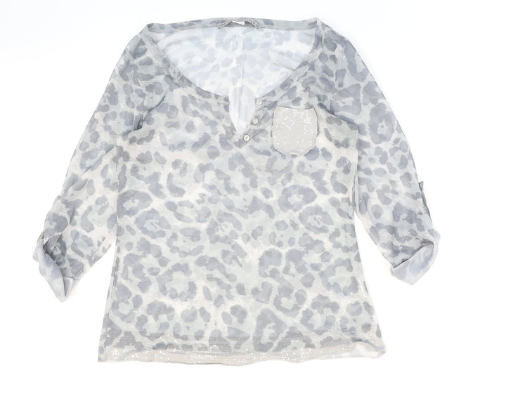 Ashley Brooke Womens Grey Animal Print Polyester Basic Blouse Size 8 V-Neck - Leopard Print