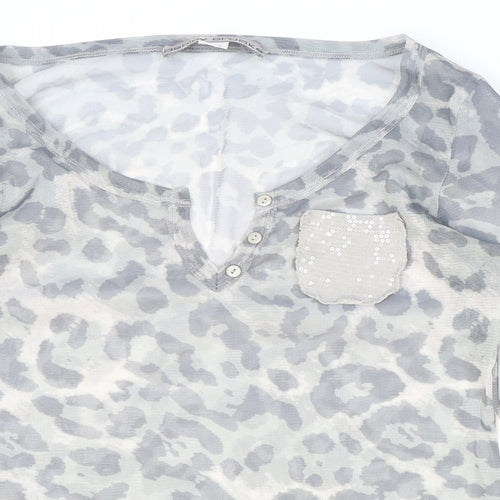 Ashley Brooke Womens Grey Animal Print Polyester Basic Blouse Size 8 V-Neck - Leopard Print