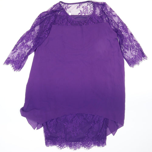 Preworn Womens Purple Polyester Shift Size L Round Neck Pullover - Layered Lace