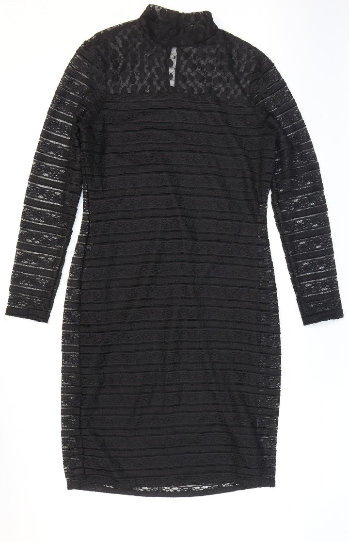 Marks and Spencer Womens Black Striped Polyester Bodycon Size 12 High Neck Button