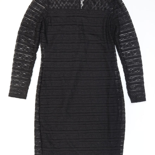 Marks and Spencer Womens Black Striped Polyester Bodycon Size 12 High Neck Button
