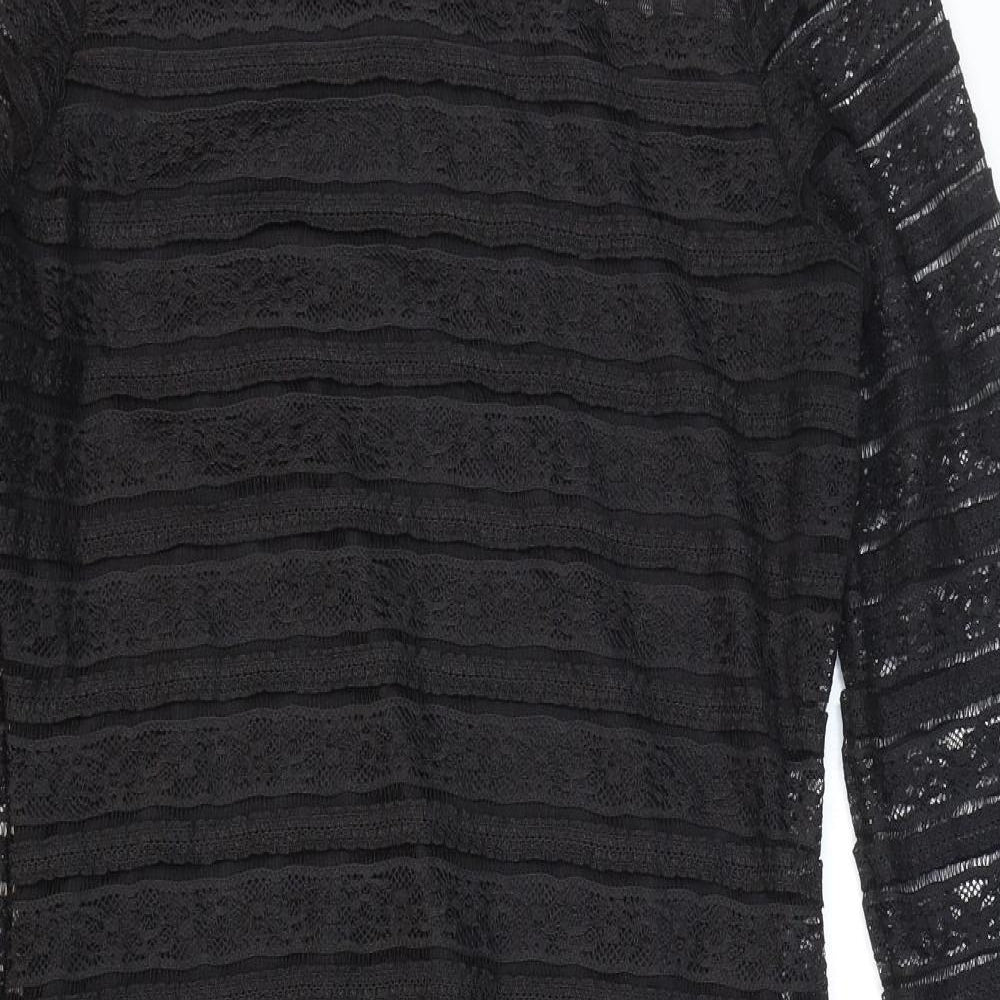 Marks and Spencer Womens Black Striped Polyester Bodycon Size 12 High Neck Button