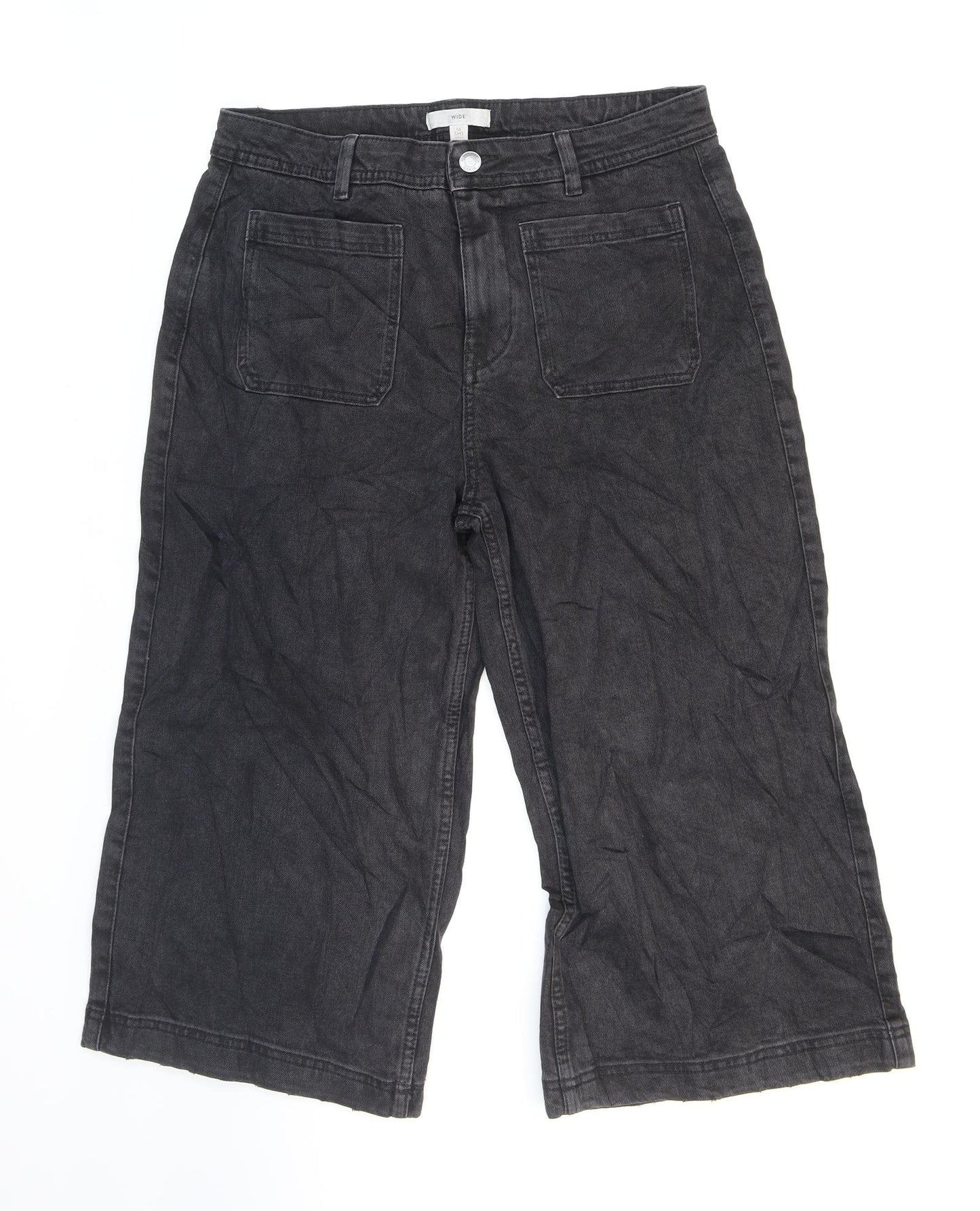 Marks and Spencer Womens Black Cotton Wide-Leg Jeans Size 14 Regular Zip - Short leg.