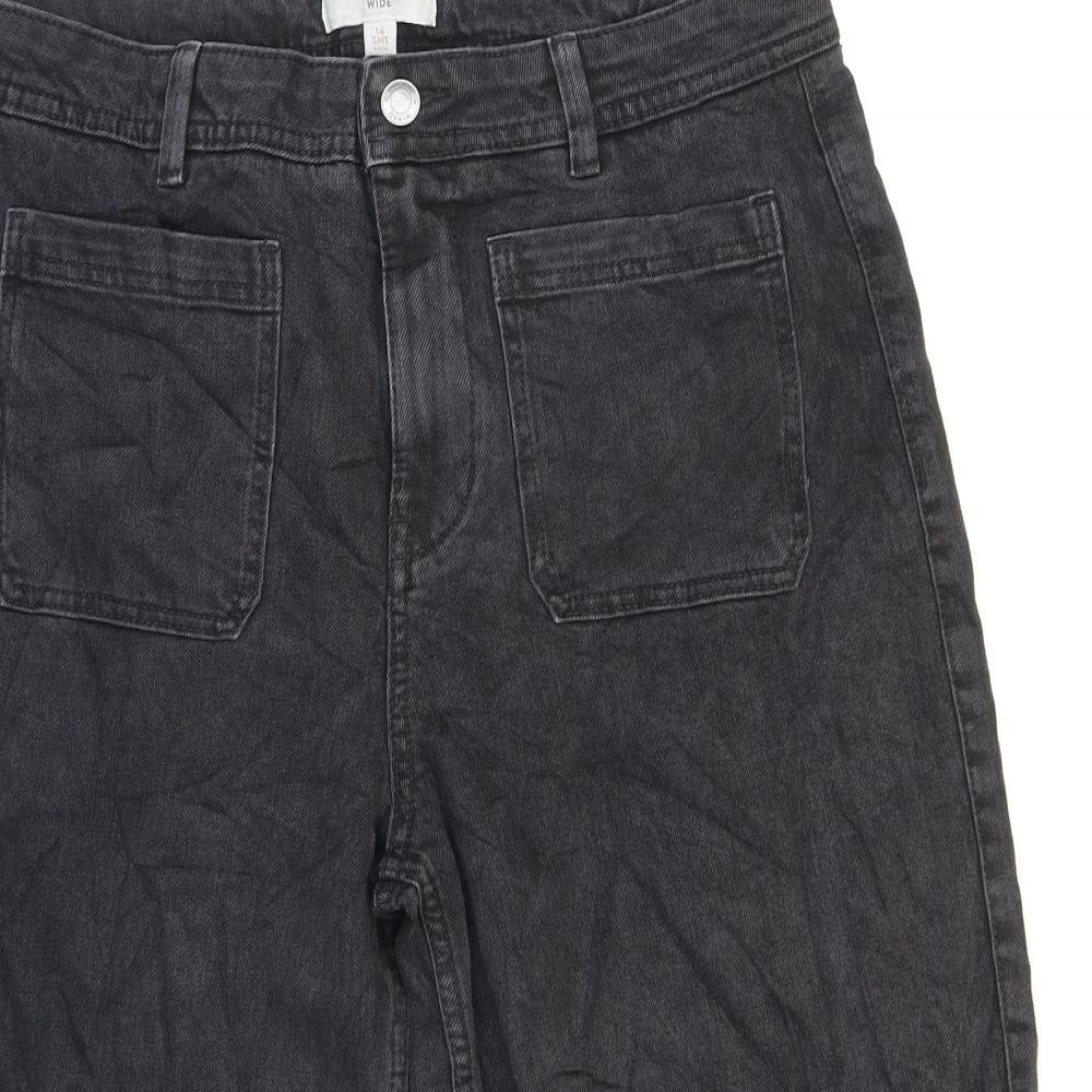 Marks and Spencer Womens Black Cotton Wide-Leg Jeans Size 14 Regular Zip - Short leg.