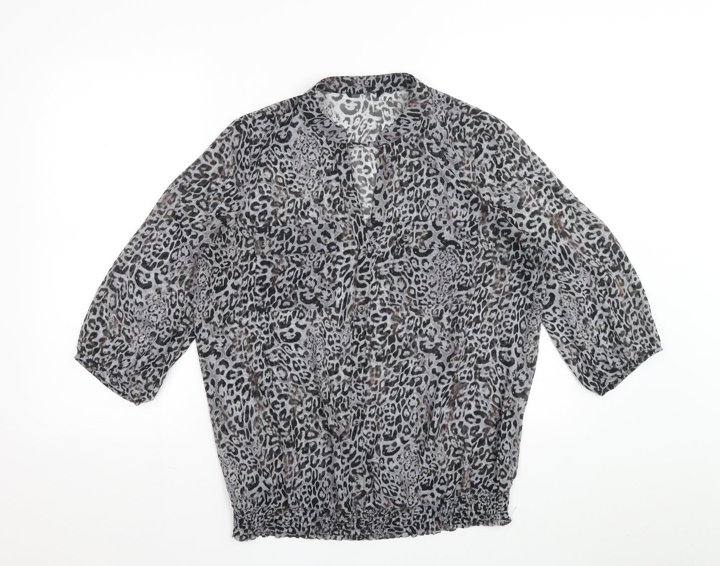 Marks and Spencer Womens Blue Animal Print Polyester Basic Blouse Size 14 V-Neck - Leopard Print