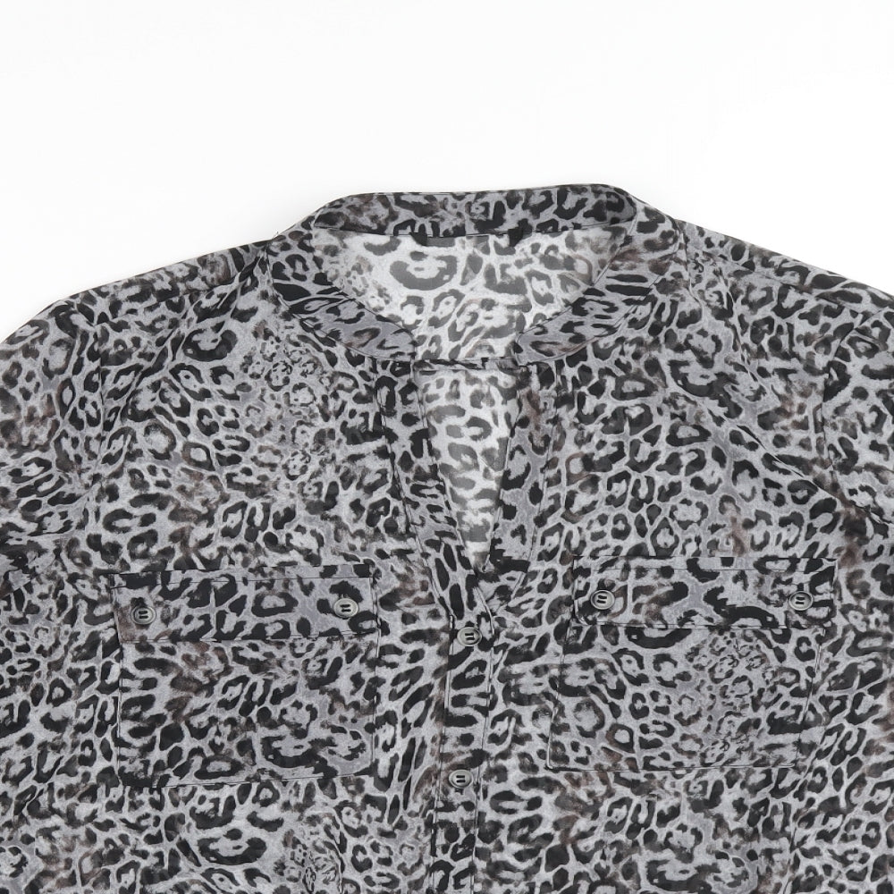 Marks and Spencer Womens Blue Animal Print Polyester Basic Blouse Size 14 V-Neck - Leopard Print