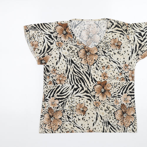 Bonmarché Womens Beige Animal Print Polyester Basic Blouse Size S V-Neck - Flowers Tiger Print