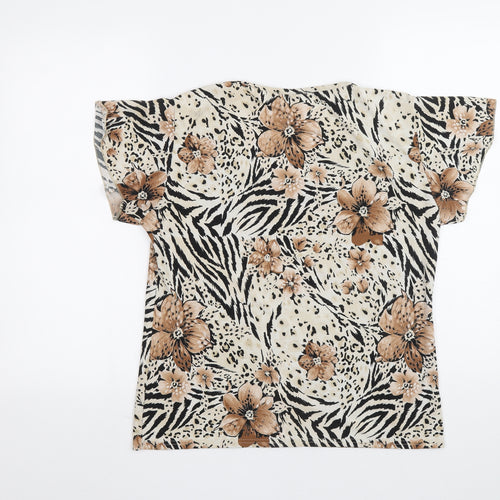 Bonmarché Womens Beige Animal Print Polyester Basic Blouse Size S V-Neck - Flowers Tiger Print