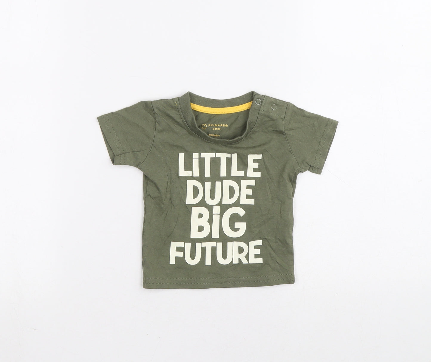 Primark Green Cotton Basic T-Shirt Size 0-3 Months Round Neck Pullover - Little dude big future