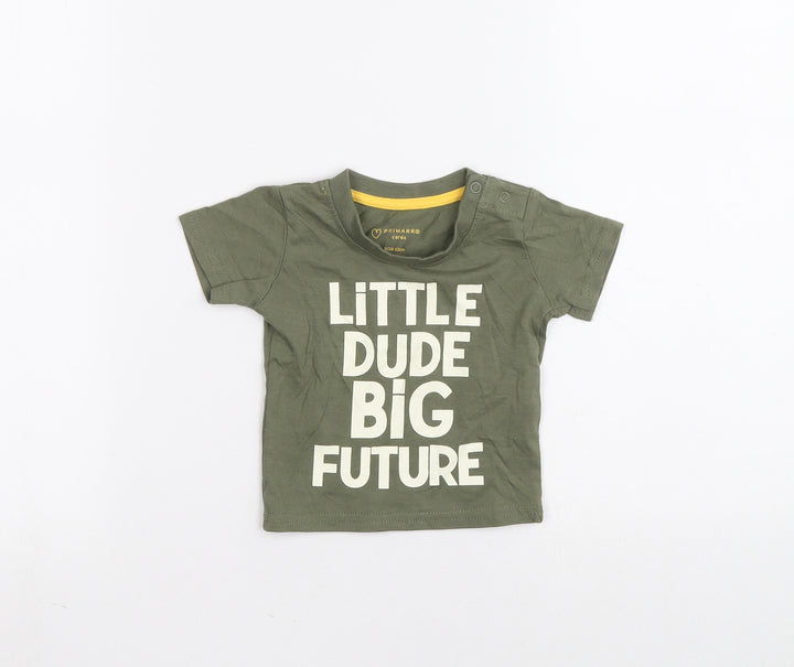 Primark Green Cotton Basic T-Shirt Size 0-3 Months Round Neck Pullover - Little dude big future