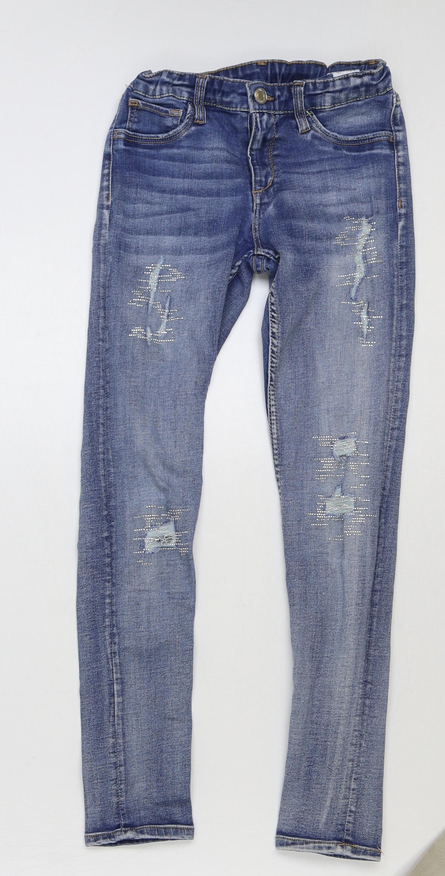 H&M Girls Blue Cotton Skinny Jeans Size 12-13 Years Regular Button - Distressed