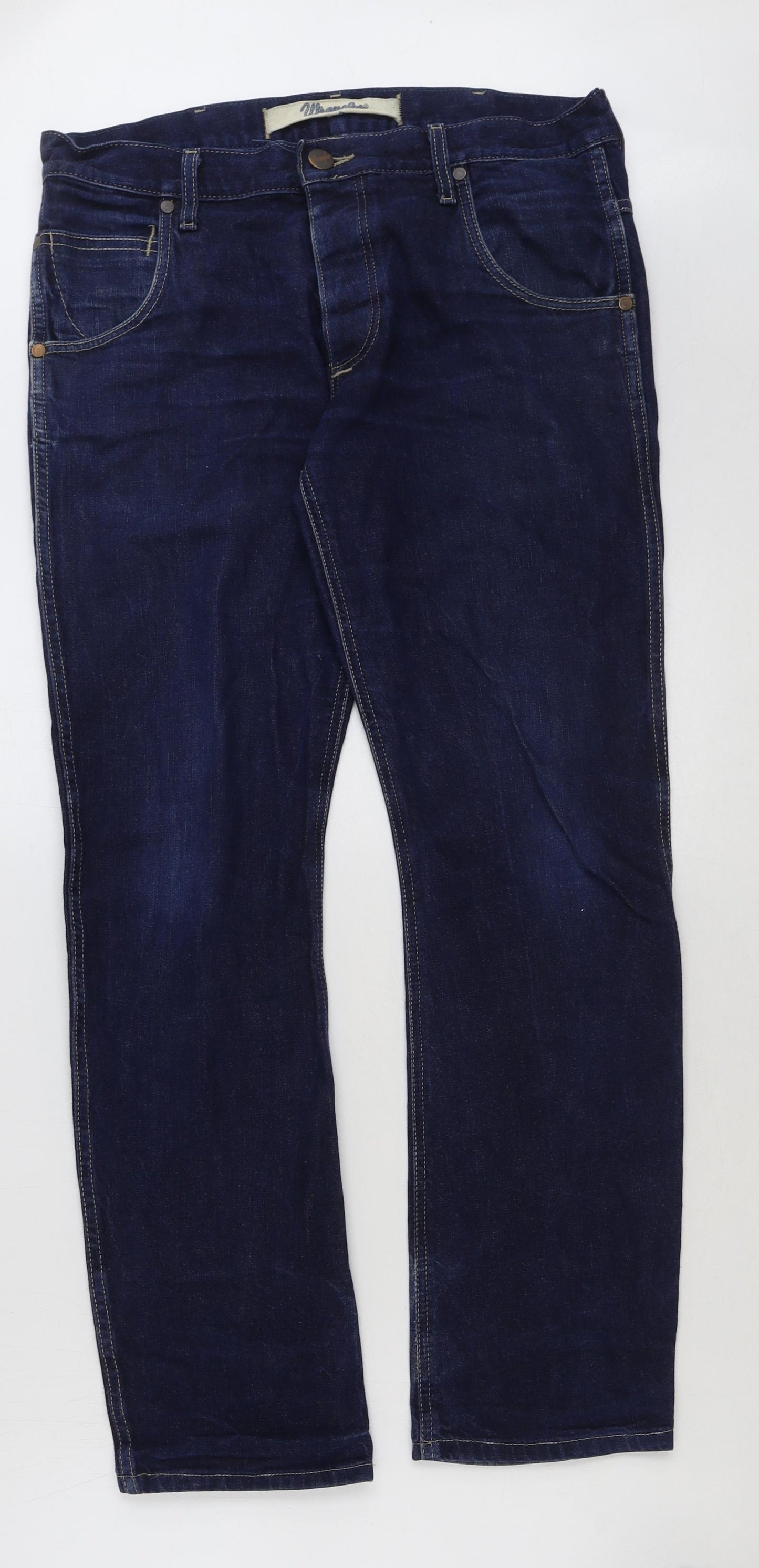 Wrangler Mens Blue Cotton Straight Jeans Size 34 in L32 in Regular Button