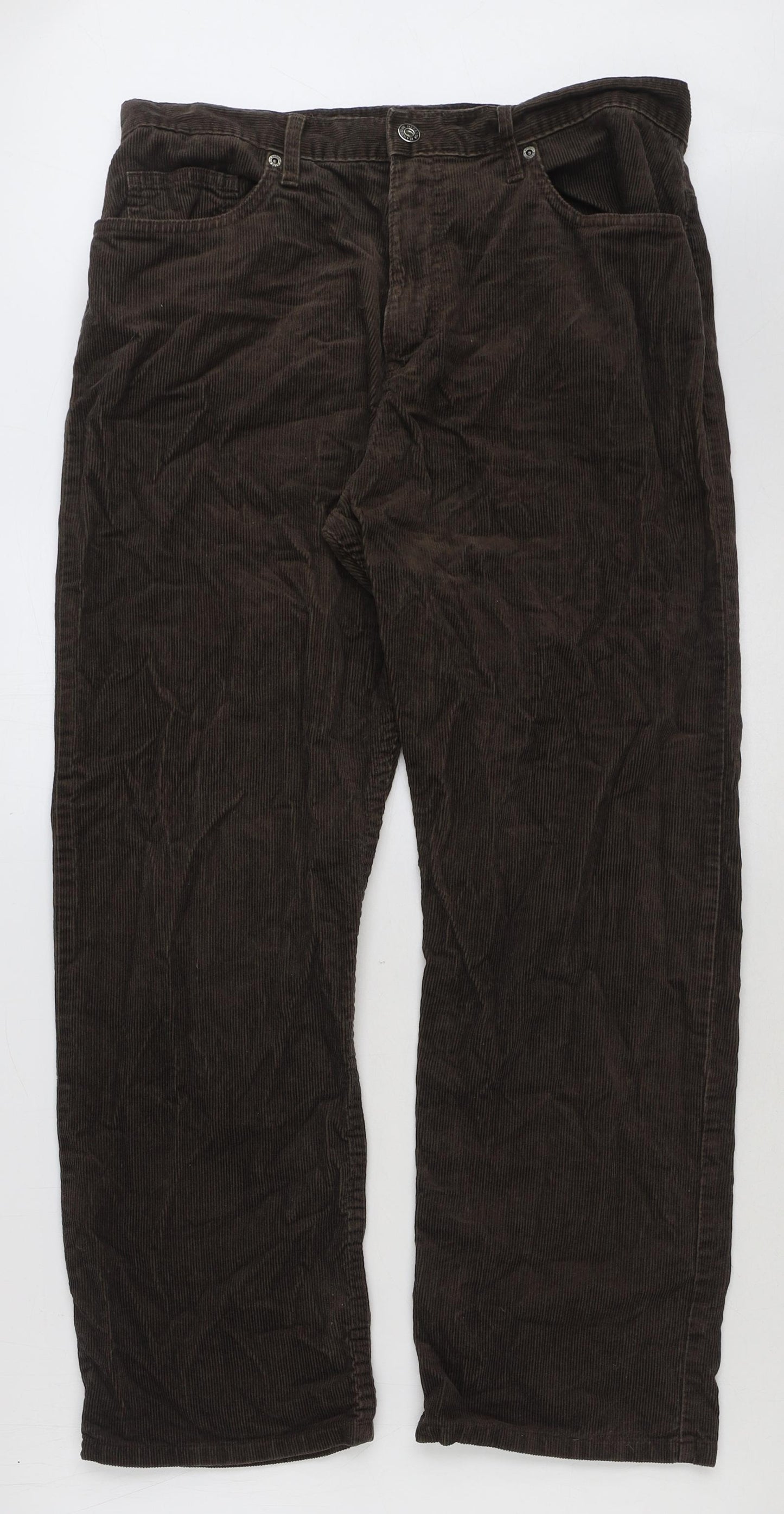 Marks and Spencer Mens Brown Cotton Trousers Size 34 in L29 in Regular Button