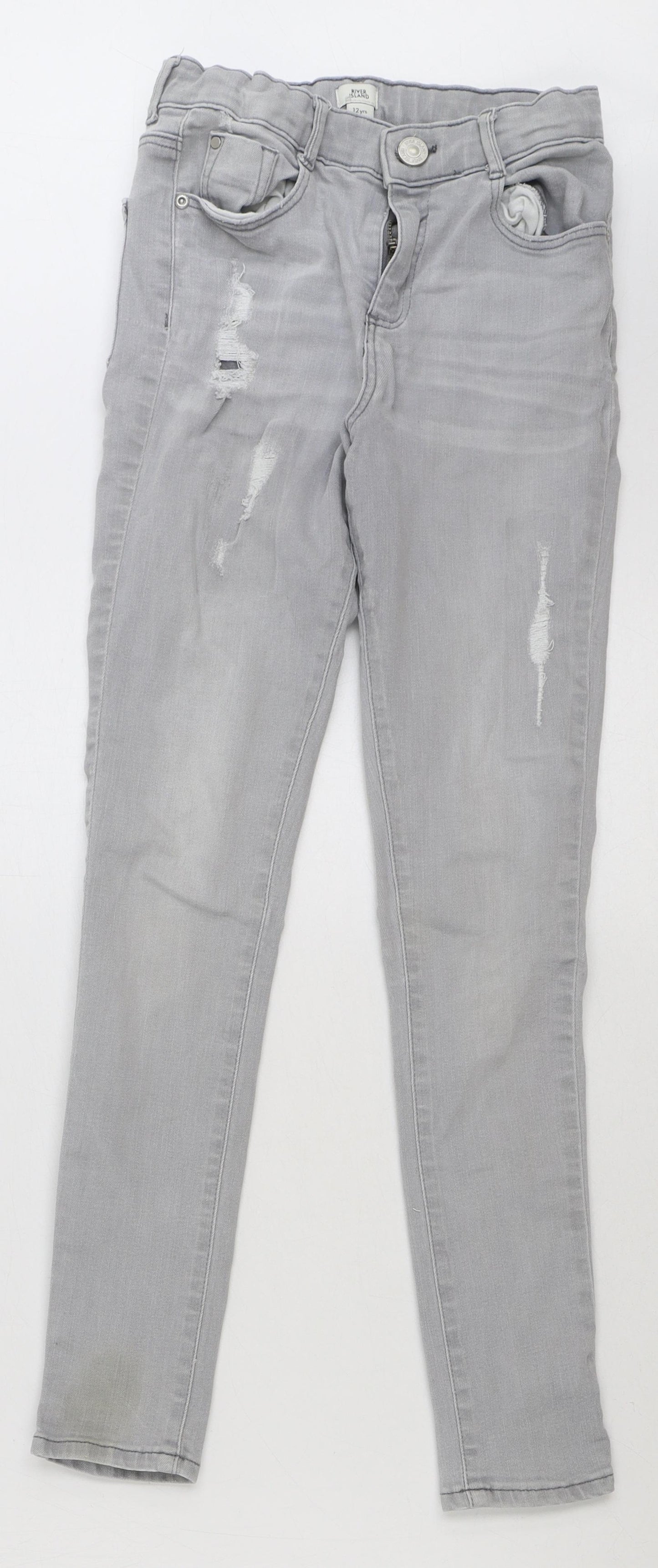 River Island Girls Grey Cotton Skinny Jeans Size 12 Years Regular Button - Distressed