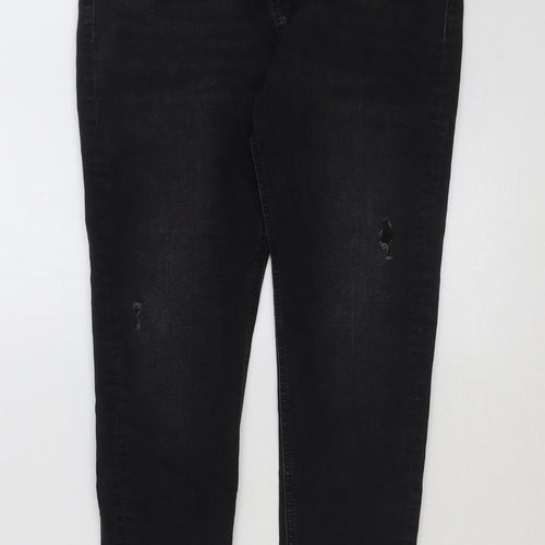 Marks and Spencer Girls Black Cotton Skinny Jeans Size 12-13 Years Regular Button - Distressed